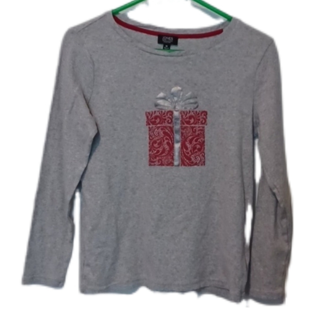 -- Jones New York Gray Long Sleev Shirt with Red Gift Motif Women's Size Medium